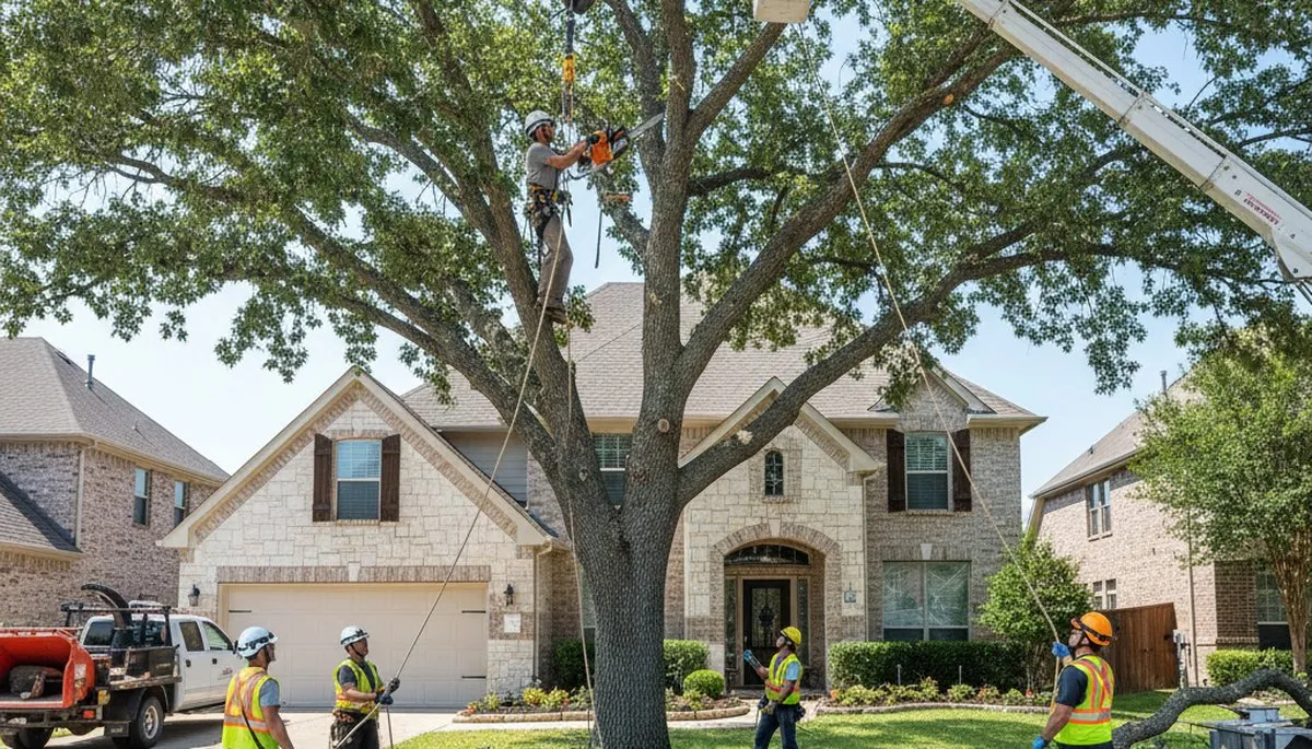 Arborists performing large tree removal with bucket truck at residential property in Allen, TX