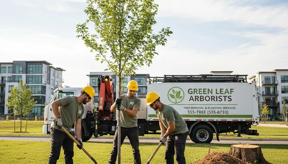 Arborist planting young oak tree in Allen, TX for Chop Chop Tree landscape restoration service