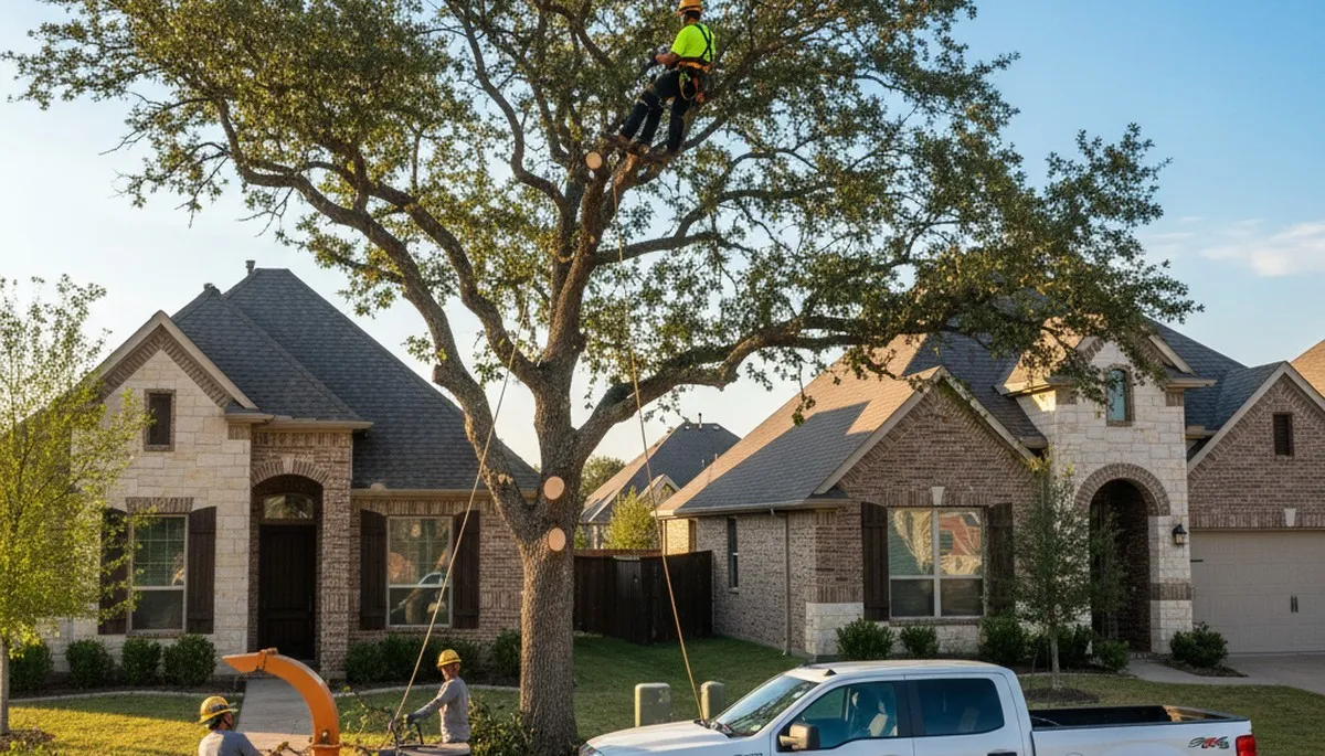 Professional tree removal crew cutting oak tree in residential yard, Allen TX