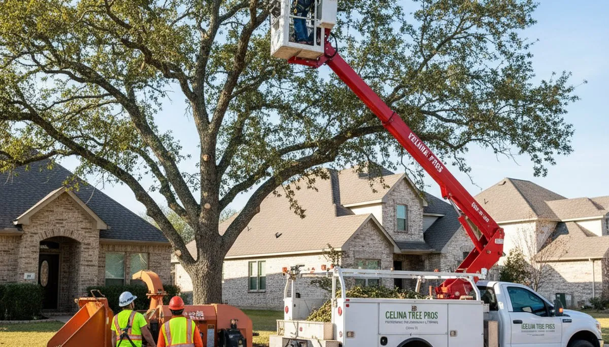 Professional tree removal service team working safely in residential yard in Allen, TX